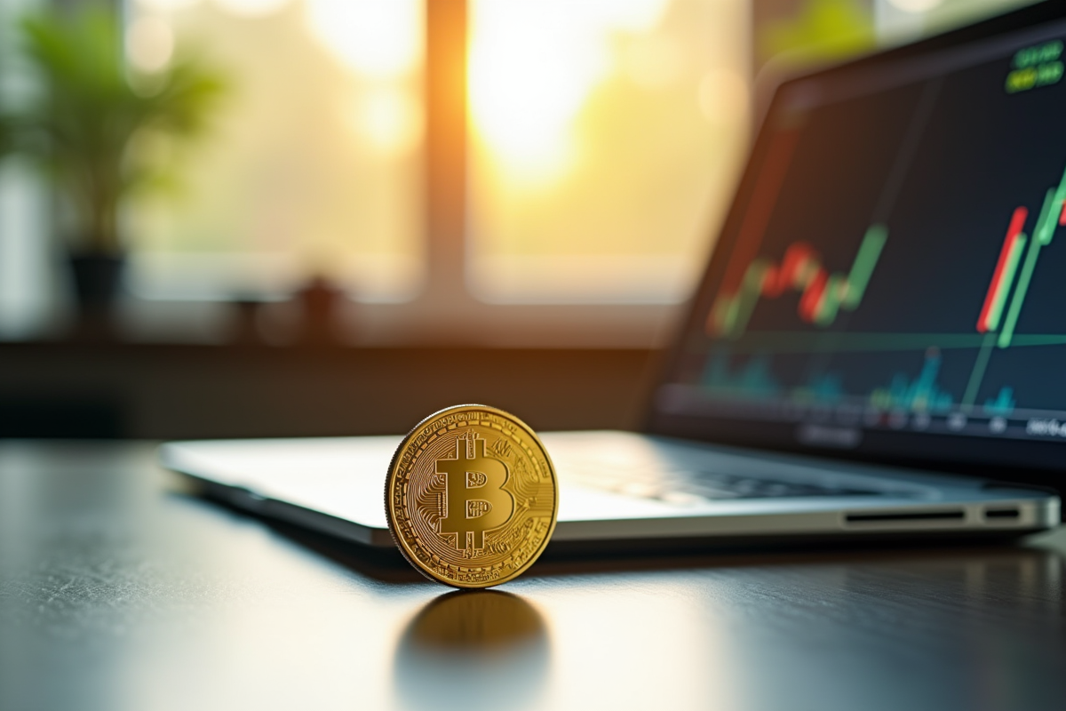Pièce Dogecoin en or sur un bureau avec smartphone et graphique