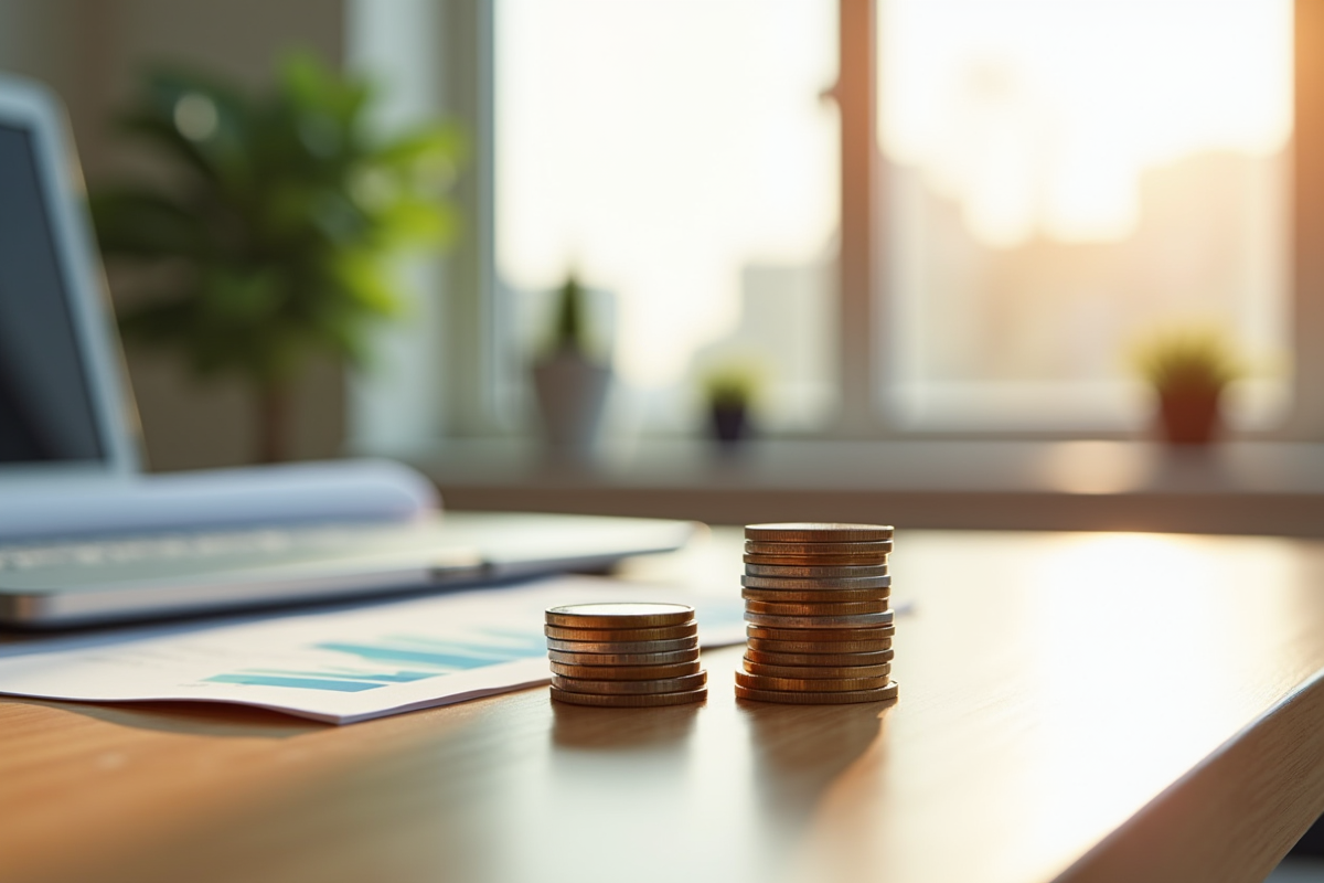 Deux piles de pièces de monnaie sur un bureau lumineux