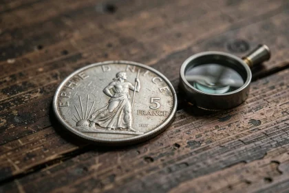 Pièce de 5 francs 1960 en argent posée sur une table en bois avec une loupe pour examen numismatique
