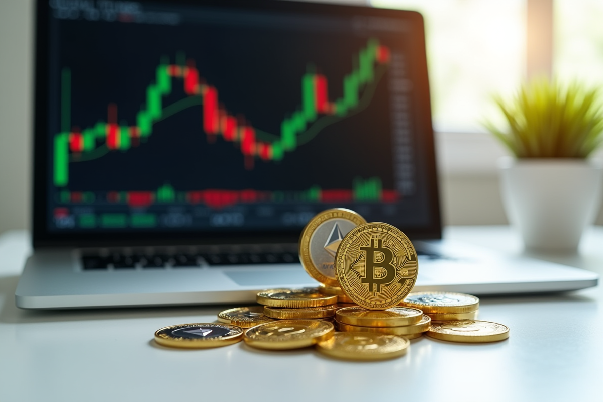 Pièces de cryptomonnaies avec graphiques sur ordinateur