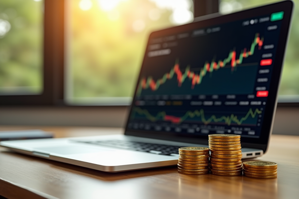 Pièces d or empilées avec un ordinateur portable affichant un graphique ETF