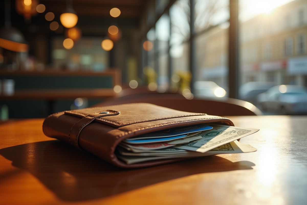 Portefeuille en cuir usé sur une table de café ensoleillée