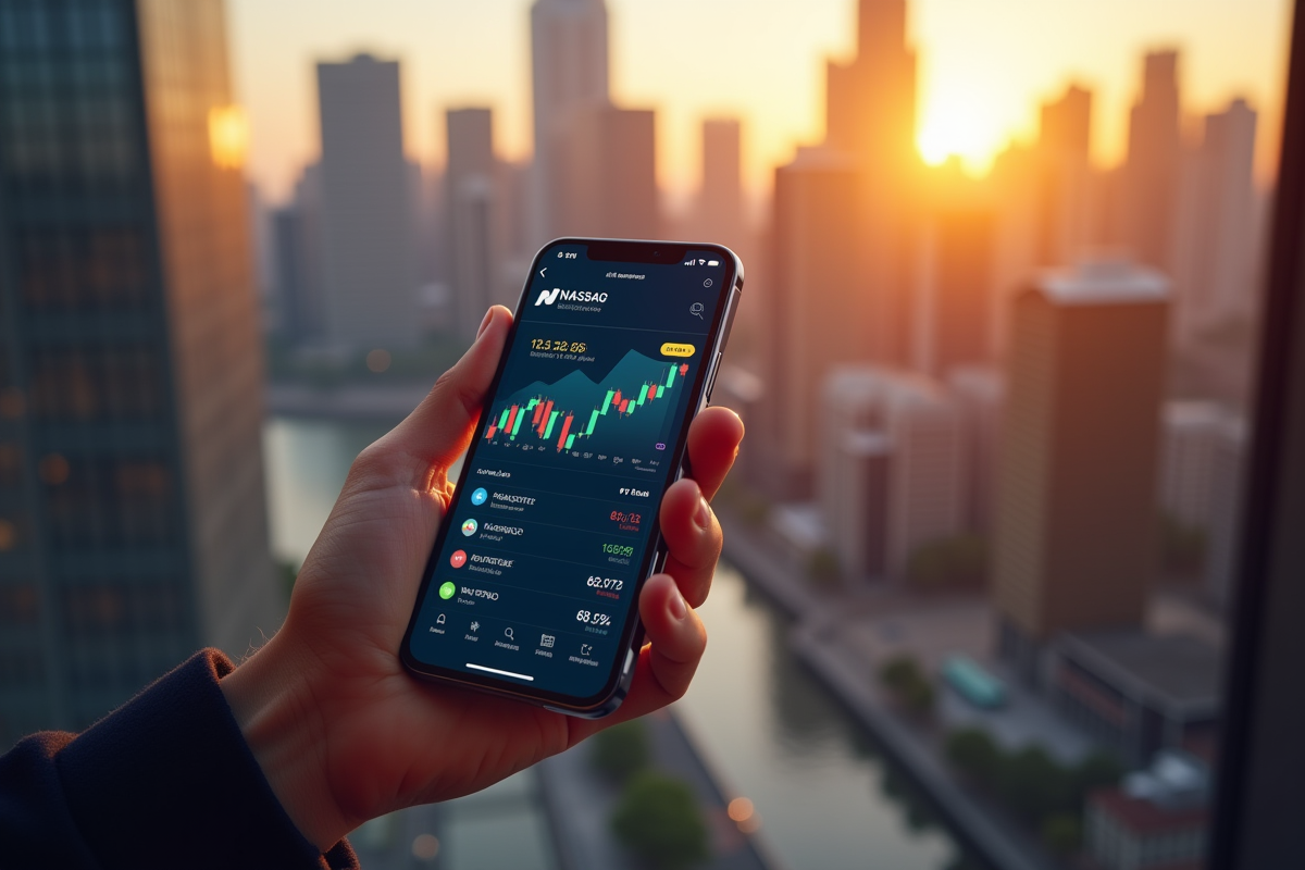 Main d’investisseur tenant smartphone avec application ETF NASDAQ au lever du soleil