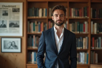 Portrait d'un jeune homme politique français en veste marine devant une bibliothèque, illustrant le débat sur la fortune de Louis Boyard