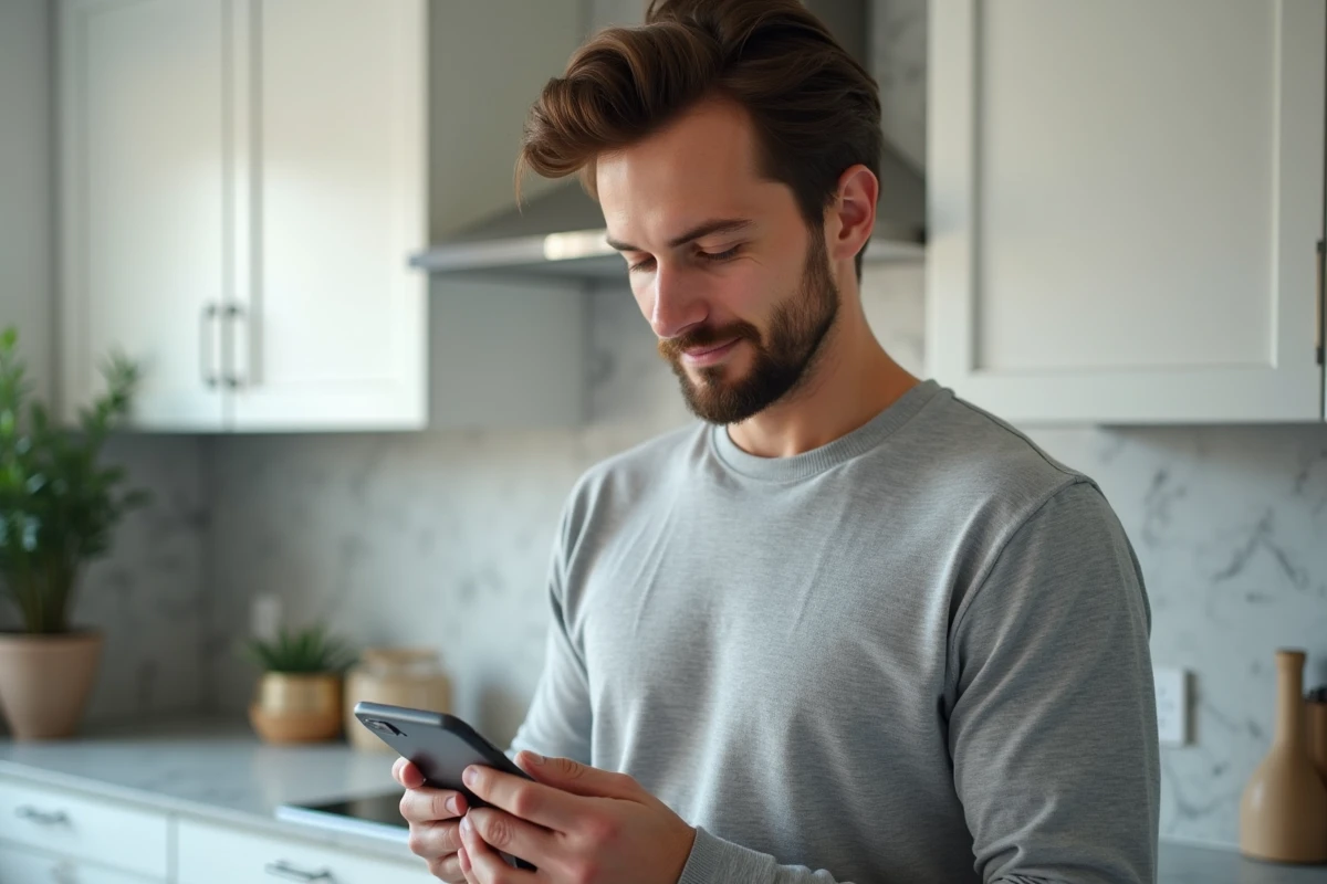 Homme configurant un prélèvement automatique sur une application bancaire mobile dans une cuisine contemporaine