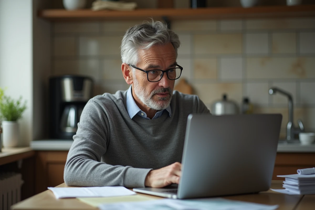Homme consultant les conditions de la prime d'activité sur un ordinateur portable dans une cuisine modeste
