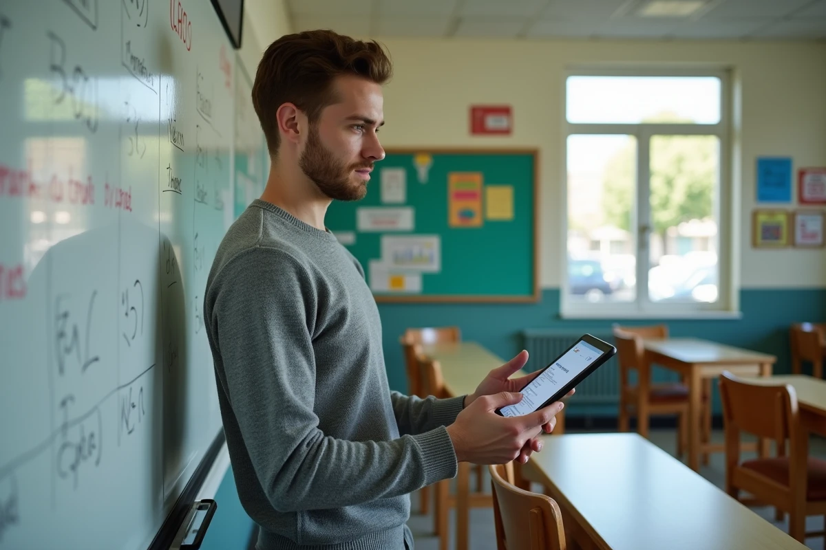Professeur débutant consultant le calendrier de paie 2026 sur une tablette dans sa salle de classe vide