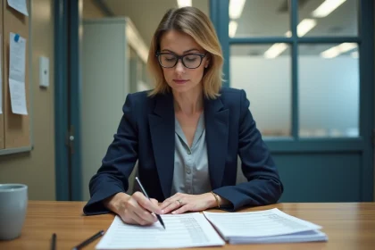 Professeure v&eacute;rifiant ses fiches de salaire et primes dans un bureau administratif scolaire