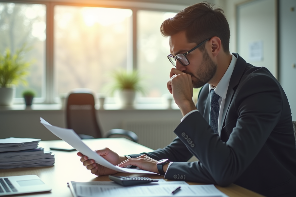 Professionnel analysant un contrat avec calculatrice dans un bureau lumineux