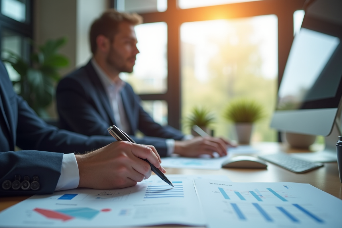Professionnel en bureau moderne examinant un document financier