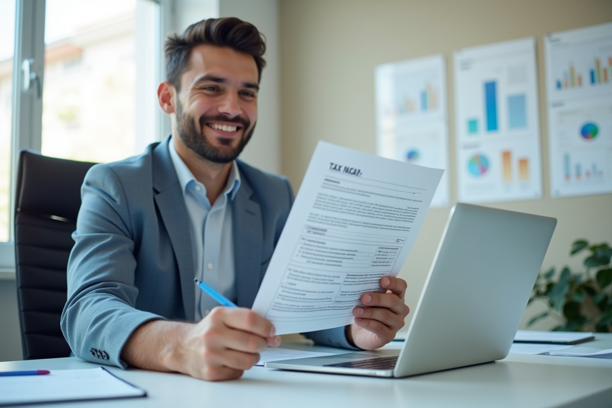 Professionnel souriant tenant documents fiscaux et tablette