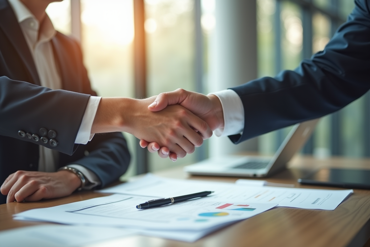 Professionnel remettant une facture à un client dans un bureau moderne