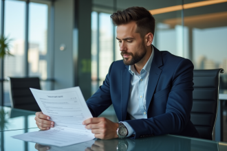 Homme en costume bleu examine un bulletin de salaire dans un bureau moderne