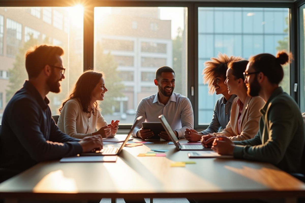 Professionnels divers réunis autour d'une table de bureau