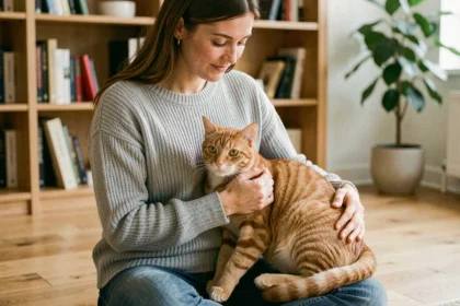 Femme examinant son chat roux dans un salon moderne, symbolisant les soins vétérinaires et l'assurance santé pour chat