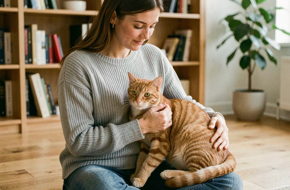 Femme examinant son chat roux dans un salon moderne, symbolisant les soins vétérinaires et l'assurance santé pour chat