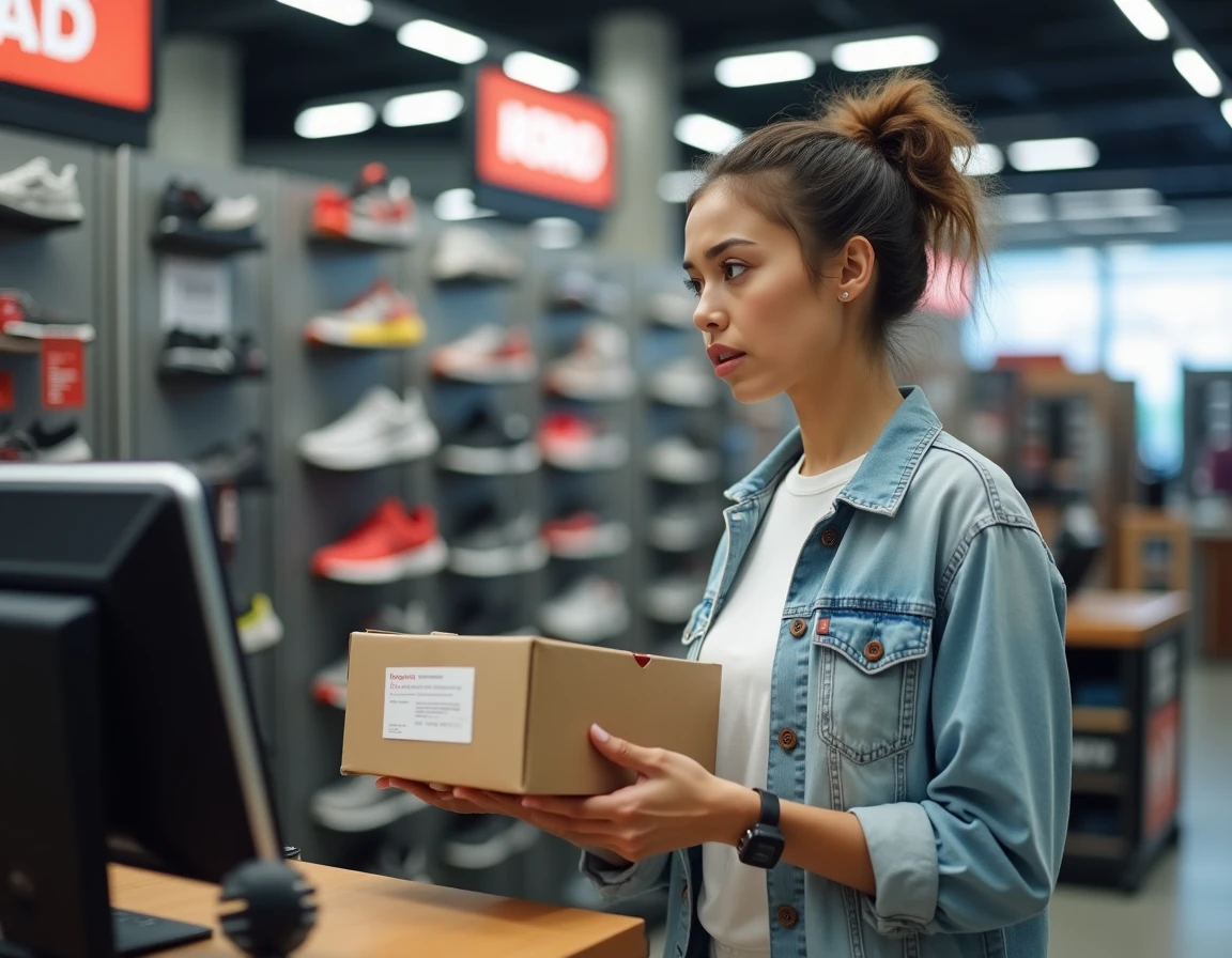 Femme au comptoir d'un magasin de sport avec un refus de paiement échelonné sur le terminal