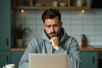 Homme frustré face à un refus de paiement en plusieurs fois sur un ordinateur portable dans une cuisine moderne