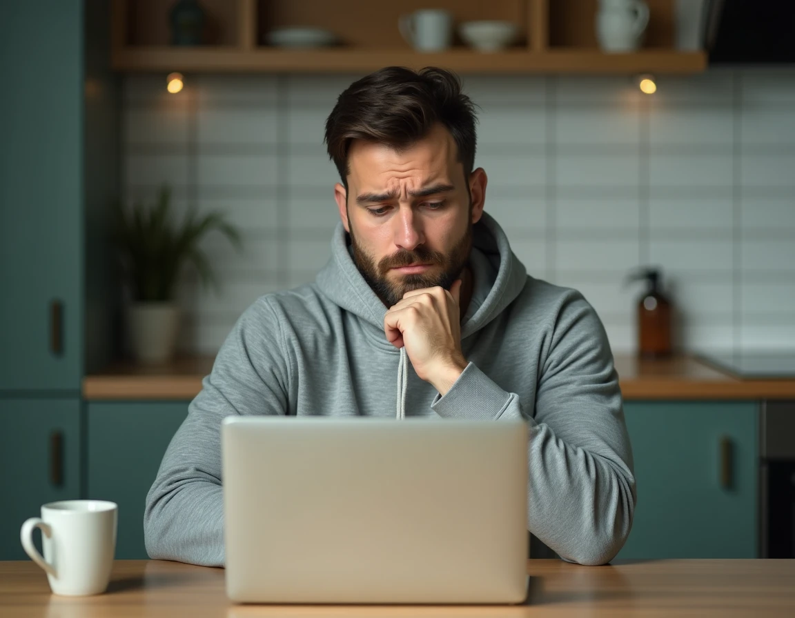 Homme frustré face à un refus de paiement en plusieurs fois sur un ordinateur portable dans une cuisine moderne