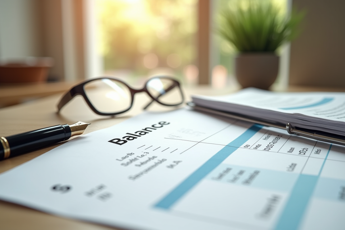 Relevé bancaire avec solde élevé et lunettes sur une table en lumière