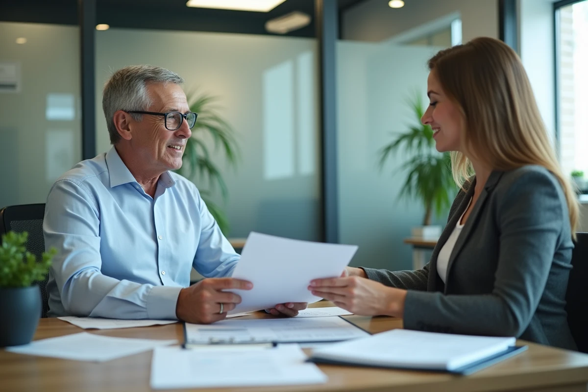 Homme consultant un conseiller en agence d'assurance pour vérifier son dossier Préventel