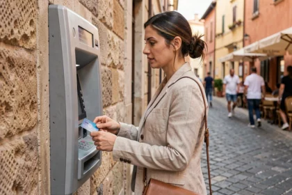 Femme retirant de l'argent à un distributeur automatique à l'étranger dans une ville européenne