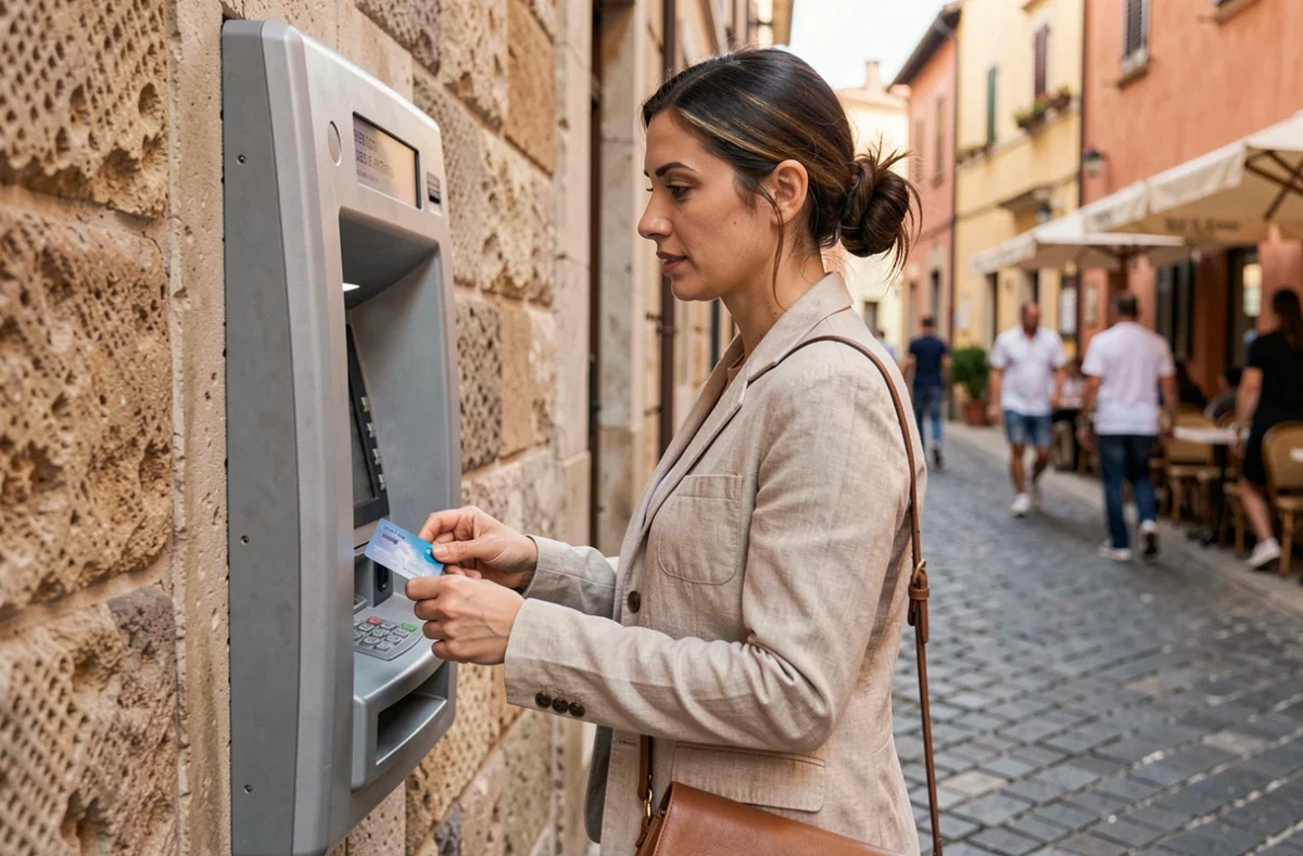 Femme retirant de l'argent à un distributeur automatique à l'étranger dans une ville européenne