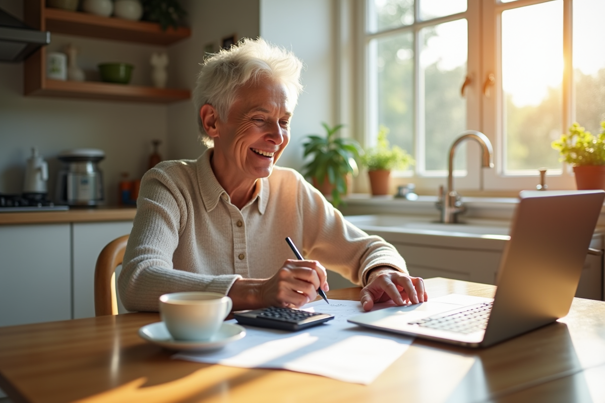 Personne senior souriante vérifiant documents de retraite à la maison