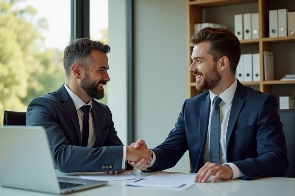 Réunion d'affaires avec un agent d'assurance et un propriétaire souriants