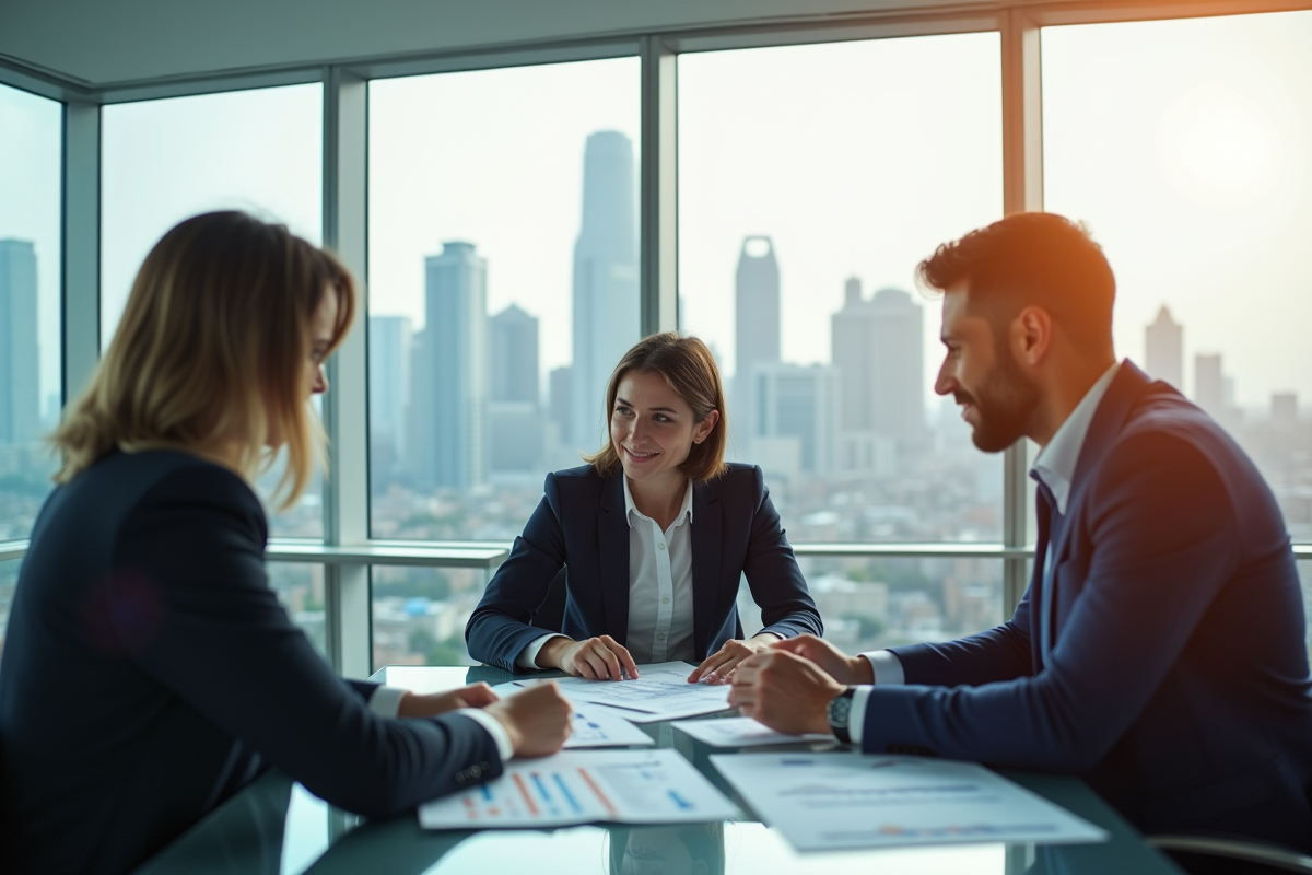 Trois partenaires d'affaires discutent dans un bureau moderne avec vue sur la ville
