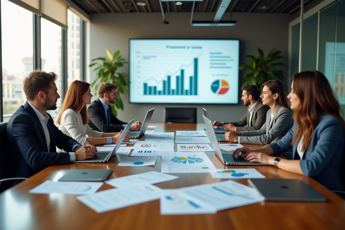 Groupe de professionnels analysant des graphiques financiers dans un bureau moderne