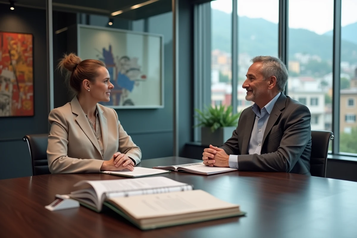 Deux avocats spécialisés en fiscalité internationale discutant d'un montage légal pour yacht en Andorre autour d'une table de conférence avec documents juridiques
