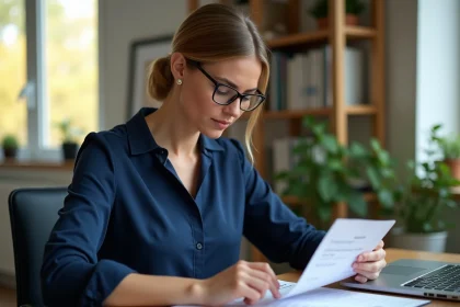 Femme consultant une fiche de paie avec calcul du salaire net après prélèvement à la source