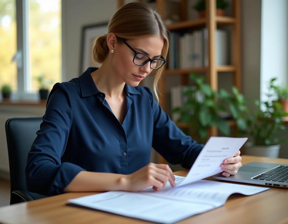 Femme consultant une fiche de paie avec calcul du salaire net après prélèvement à la source