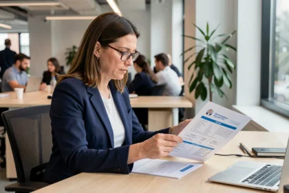 Salariée en blazer marine consultant les documents de sa mutuelle d'entreprise dans un bureau moderne