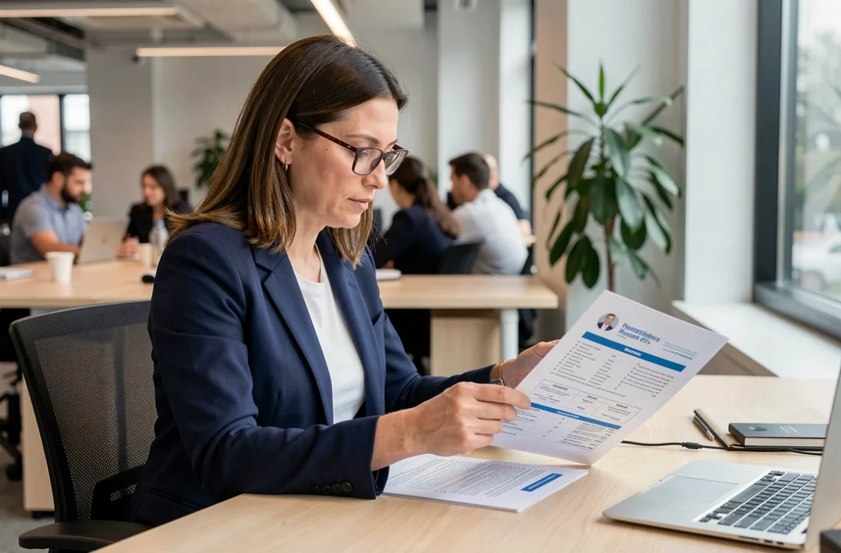 Salariée en blazer marine consultant les documents de sa mutuelle d'entreprise dans un bureau moderne