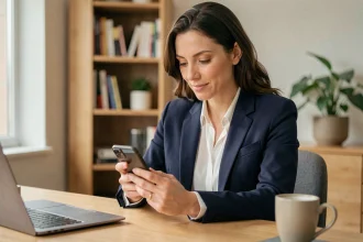 Femme utilisant son smartphone pour sécuriser ses opérations bancaires en ligne depuis son bureau à domicile