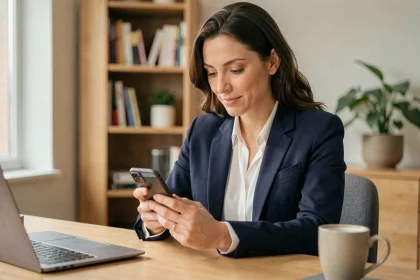 Femme utilisant son smartphone pour sécuriser ses opérations bancaires en ligne depuis son bureau à domicile