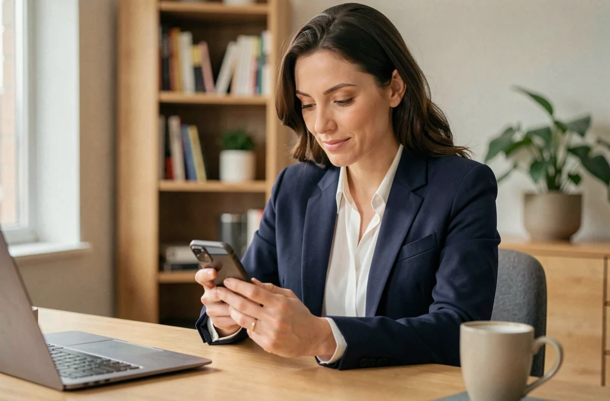Femme utilisant son smartphone pour sécuriser ses opérations bancaires en ligne depuis son bureau à domicile