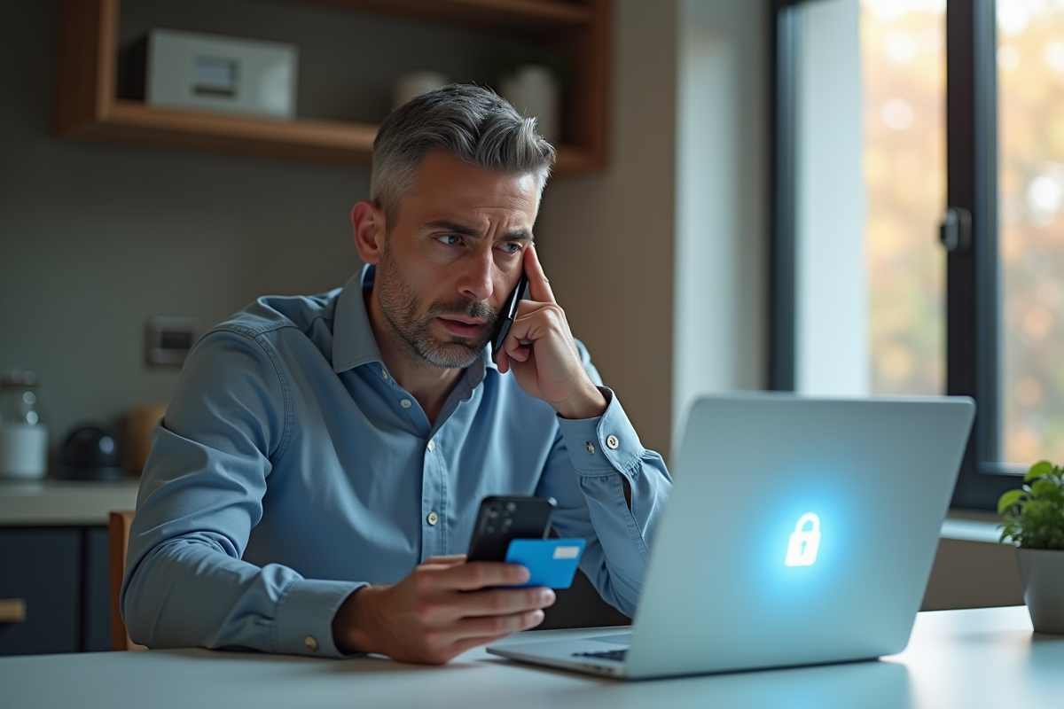 Adulte inquiet avec smartphone et carte de sécurité sociale