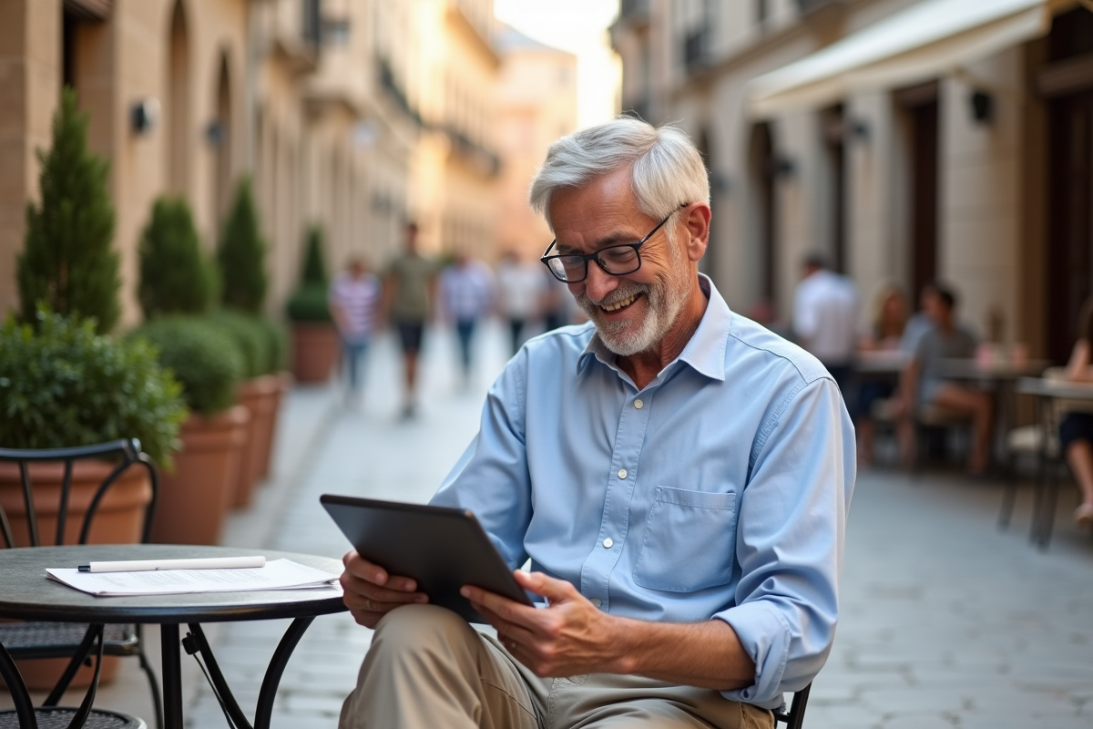 Homme retraité souriant avec tablette dans un café urbain