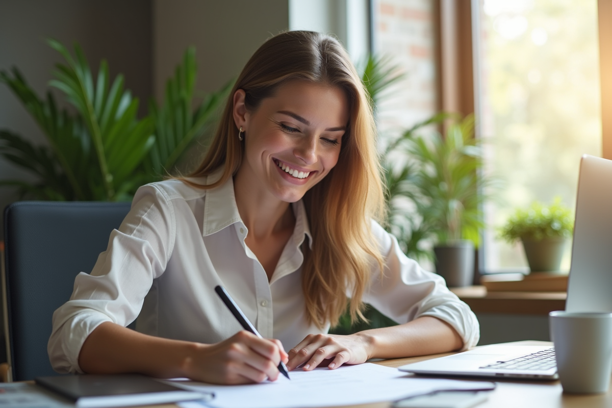 Personne souriante signant un document officiel au bureau