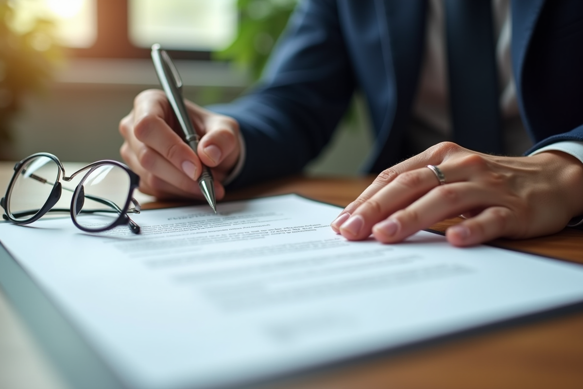 Mains professionnelles signant un contrat avec stylo en argent sur un bureau en bois
