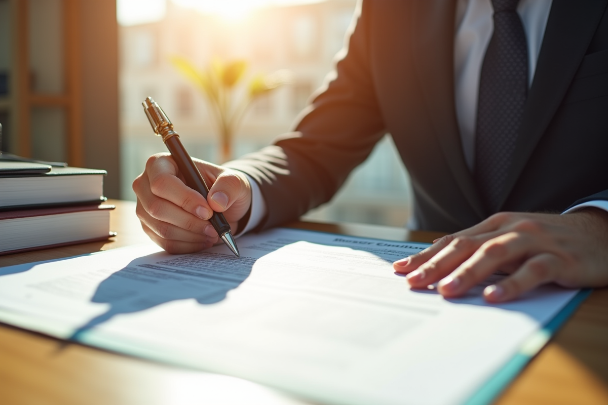 Personne signant un contrat d'hypothèque dans un bureau lumineux