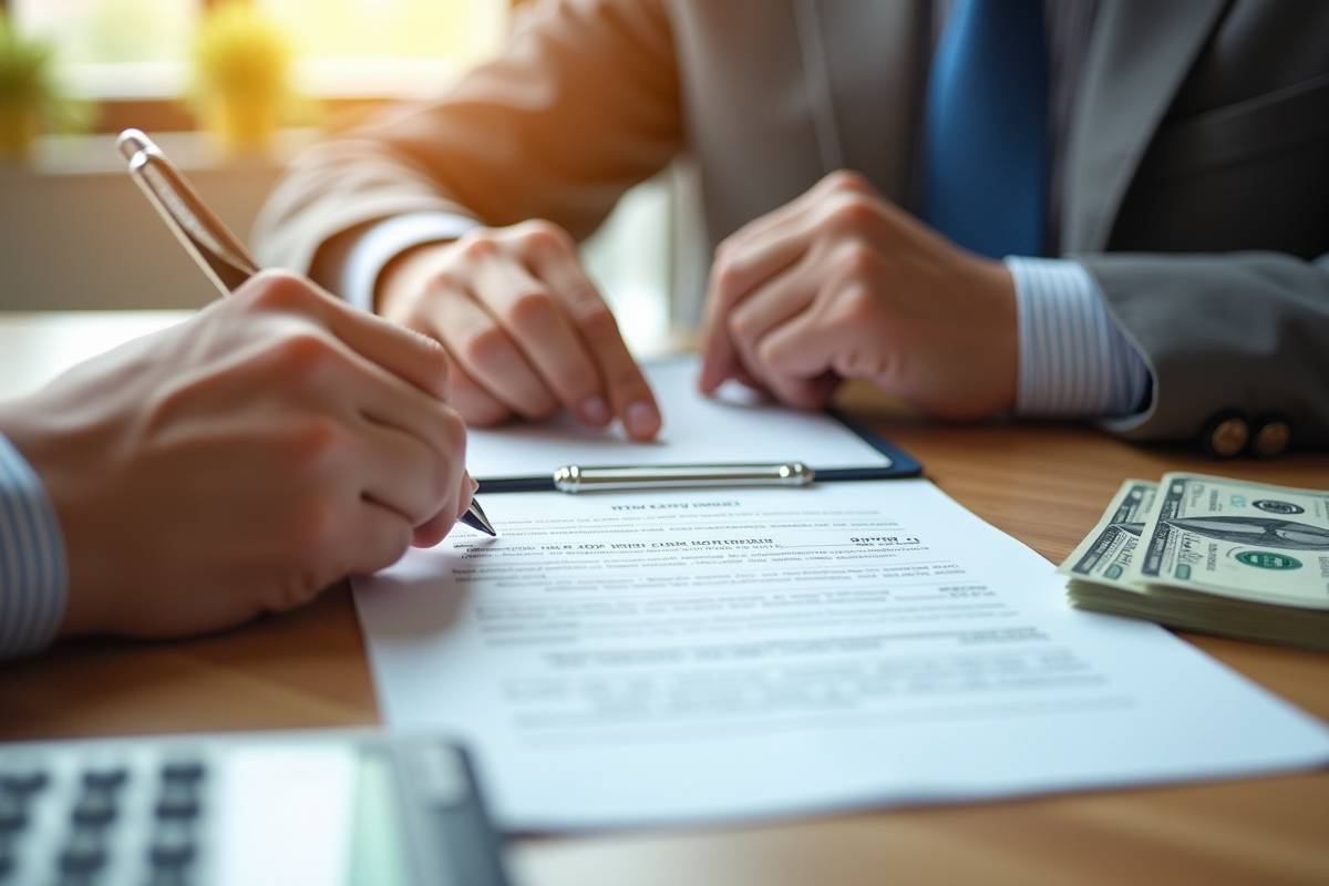 Mains signant un contrat de prêt avec des billets et calculatrice