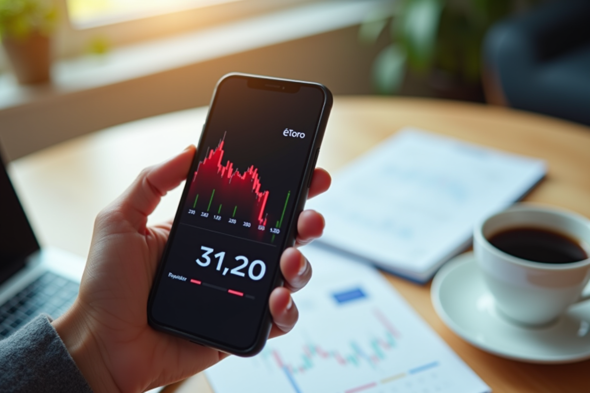 Smartphone avec application eToro affichant des chiffres en baisse