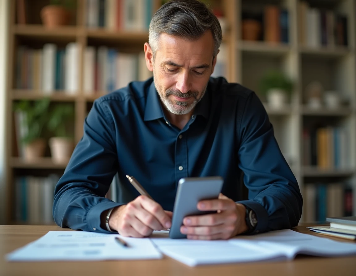 Homme consultant des solutions de financement alternatif sur smartphone et documents à son bureau à domicile