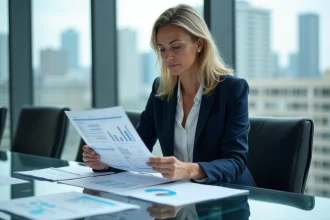 Professionnelle analysant une stratégie de gestion du crédit européen avec des documents financiers sur une table de réunion moderne