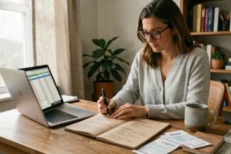 Femme consultant un budget personnel sur ordinateur portable avec annotations manuscrites sur les libellés de paiement