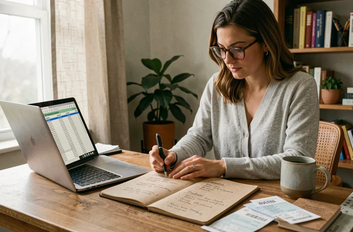 Femme consultant un budget personnel sur ordinateur portable avec annotations manuscrites sur les libellés de paiement